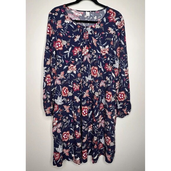 Old Navy Womens Swing Dress Sz L Navy Floral Long Sleeve Keyhole Flowy Causal - Picture 1 of 9
